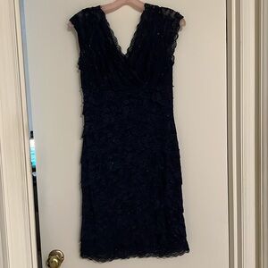 BLU SAGE WOMEN'S STRETCH V NECK BEADED LACE NAVY CAP SLEEVE LINED DRESS SIZE 10P